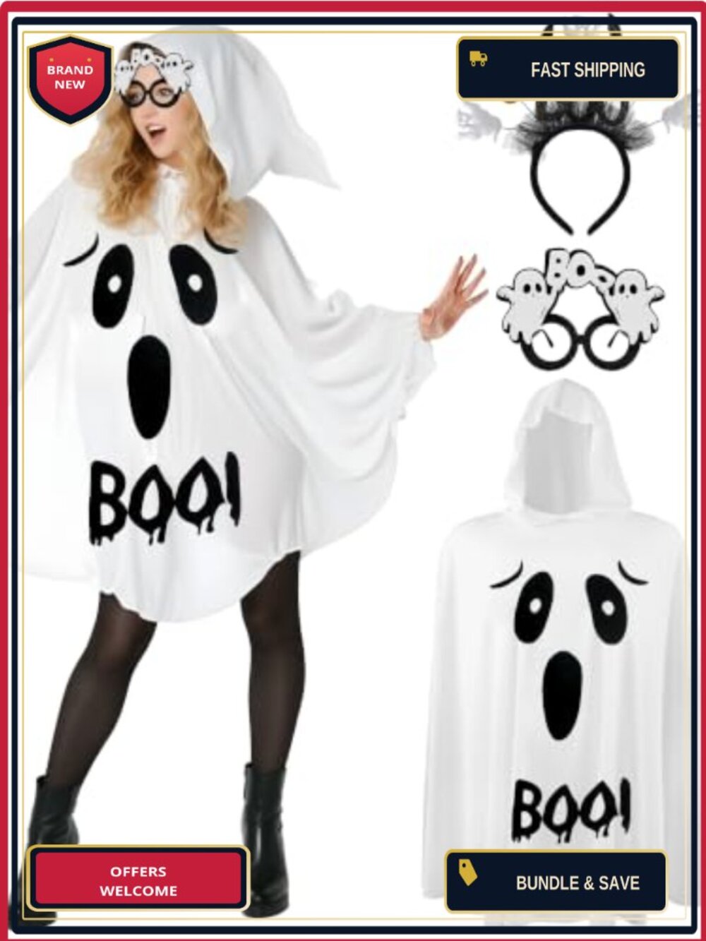 Ghost Costume Poncho Set Boo Headband Glasses Halloween One Size Adult